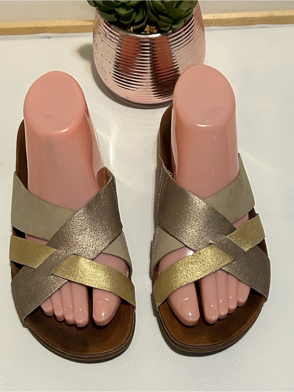 Women’s Metallic Gold & Taupe Crisscross Slide Sandals